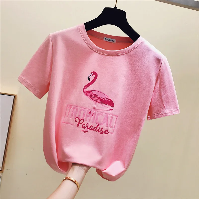 Women flamingo Print T-shirt Cute White Fashion Short Sleeve shirt