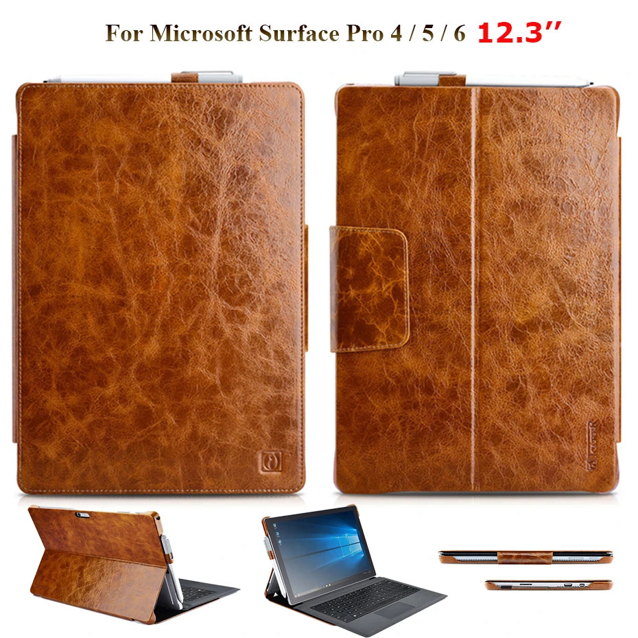 

icarer Tablet Case for Microsoft Surface Pro 6 / 5 / 4 Genufine Leather Sleeve Folio Flip Stand Oil Wax Retro Business Case