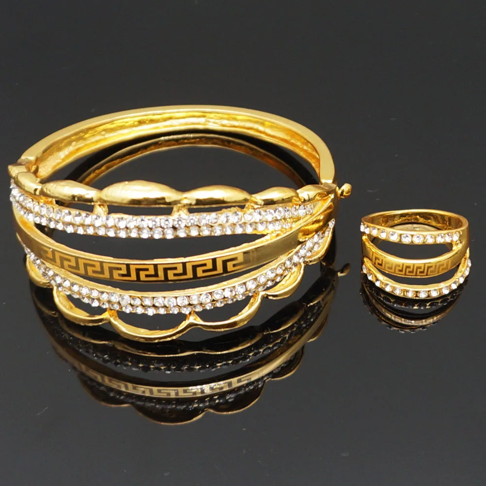 Свадебные наборы, позолоченные браслеты и кольцо, ювелирные наборы, большой браслет, кольцо, дизайн, стразы, браслет