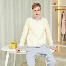 Мужские пижамные комплекты с длинными рукавами для дома Повседневная одежда для Мужчин Ночные рубашки Хлопок Топы+ Брюки