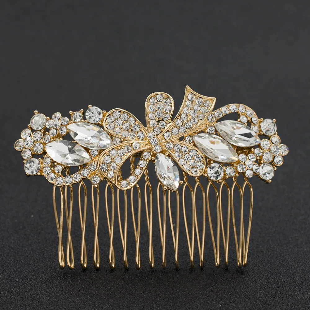 New Gold Tone Rhinestone Crystals Bowknot Hair Comb Wedding Bridal Hairpins Women Hair
