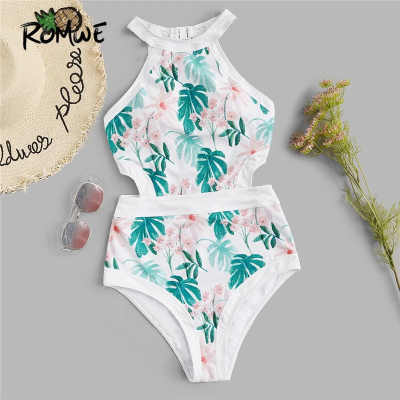 

Romwe Sport Green Monokinis Tropical Cut-out Criss Cross One Piece Swimwear Women Summer High Neck Beach Vacation Bathing Suits