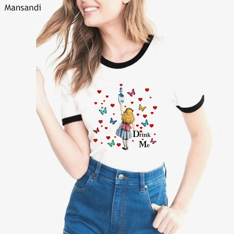 Акварельная Футболка с принтом «Алиса в стране чудес» и Выпей меня, женские футболки с графическим принтом, женская кофта с капюшоном, футболка
