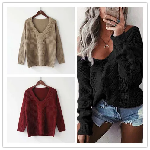 Women Sexy Deep V Neck Knitted Sweater Women Autumn Chunky Winter Long Sleeve Knit Pullover Sweater Jumpers