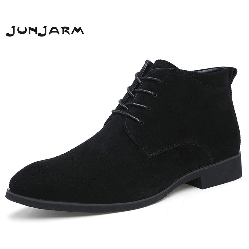 Online JUNJARM de cuero genuino de los hombres Botas de tobillo transpirable de cuero de los hombres Botas alta zapatos casuales al aire libre de los hombres de invierno zapatos Botas Homme