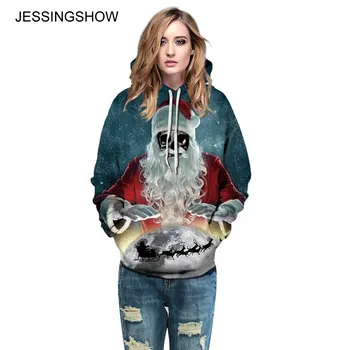 

JESSINGSHOW Women Men Hoodies Sweatshirt Horror Santa Print Casual Outwear Hoody Loose Long Sleeve Pullover Christmas Clothes