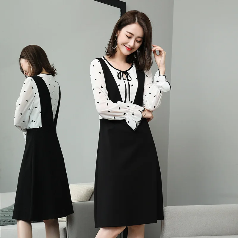 

2018 Spring Ladies Plus size chiffon patchwork elegant faux two Dress polka dot embroidery flare sleeves casual vestidos XL-5XL