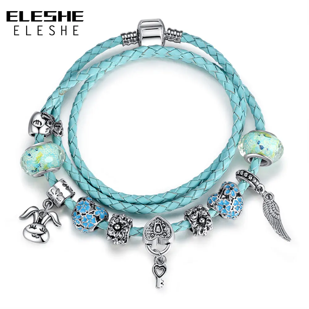 

ELESHE 54CM Multilayer Blue Genuine Leather Bracelet Women Girls DIY Murano Glass Beads & Heart Charm Bracelet Bangle Jewelry
