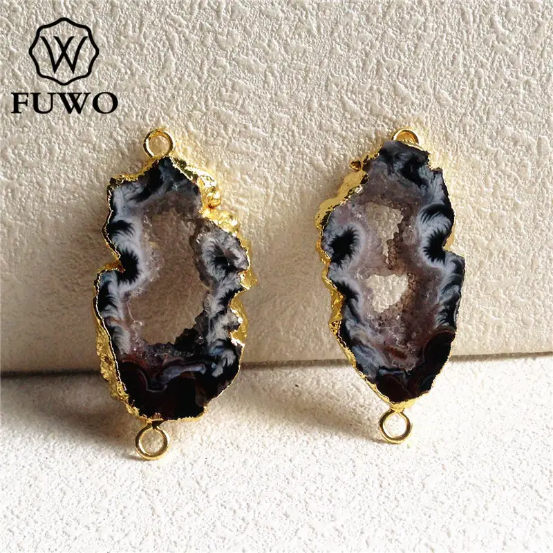 FUWO фрагмент жеоды Connector 24k Gold Electroplate Edge Black Gray друзовый кварц двойные подвески