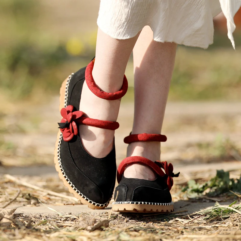 

Round Head Low Heel Shoes Women Caual Mary Jane Shoes Vintage Women Ankle Strap Shoes Handmade Flowers 81681