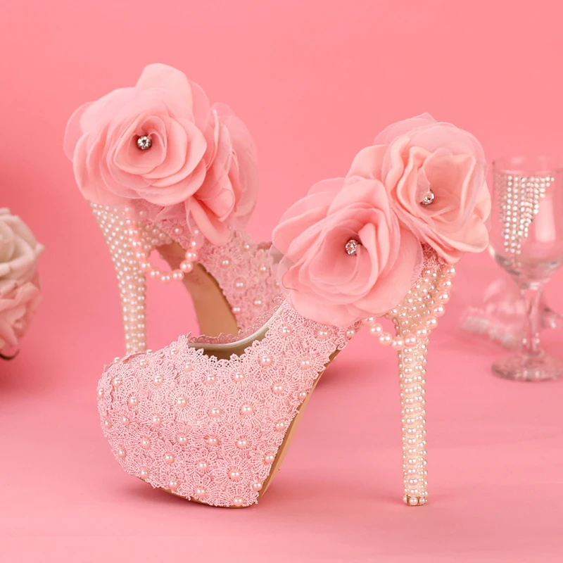 Изящные свадебные туфли розового цвета с кружевом; коллекция года; вечерние модельные туфли на платформе; туфли-лодочки для дня рождения и выпускного вечера; обувь для подружки невесты