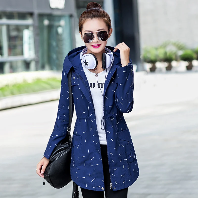 

2017 New Fashion Print Women Trench Coat Medium Long Elegant Hooded Outwear Slim Waist Female Trench Outwear Causal Windbreaker