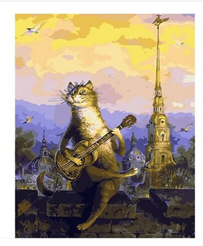

DIY Digital Painting By Numbers Package Guitar cat oil painting mural Kits Coloring Wall Art Picture Gift frameless