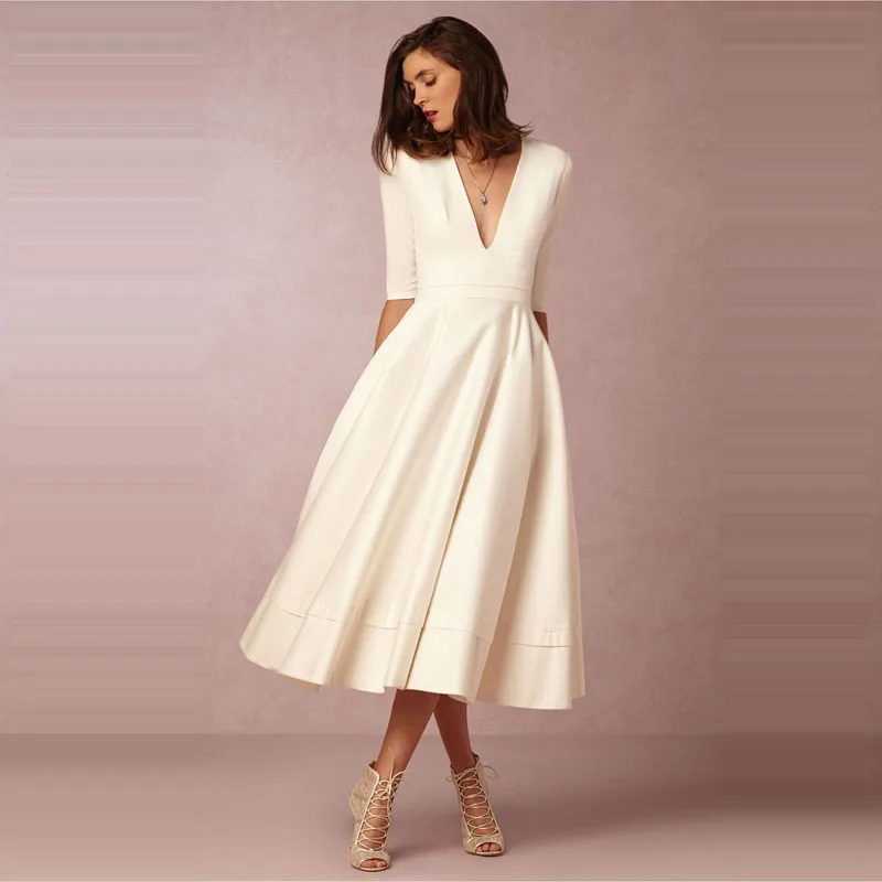 

Autumn Dress White Elegant Plus Size V Neck Long Dress Half Sleeve Office Lady Party Dress Ceremony Robe Femme