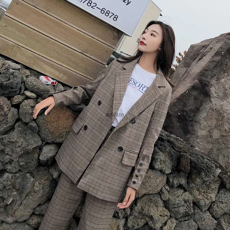 

fashion New women Plaid pants suit female autumn Double-breasted plaid blazers casual suit + pants Loose two-piece Sets