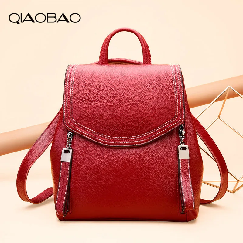 

QIAOBAO Vintage 100% Cowhide Leather Backpack Women Large Capacity School Bag for Girls Leisure Shoulder Travel Bags for Female