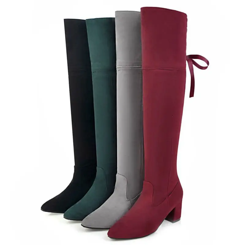 Reave Cat/Сапоги до колена сзади узел молния Для женщин сапоги на среднем каблуке из флока с острым носком модные, пикантные осень-зима одноцветное Большие размеры A112