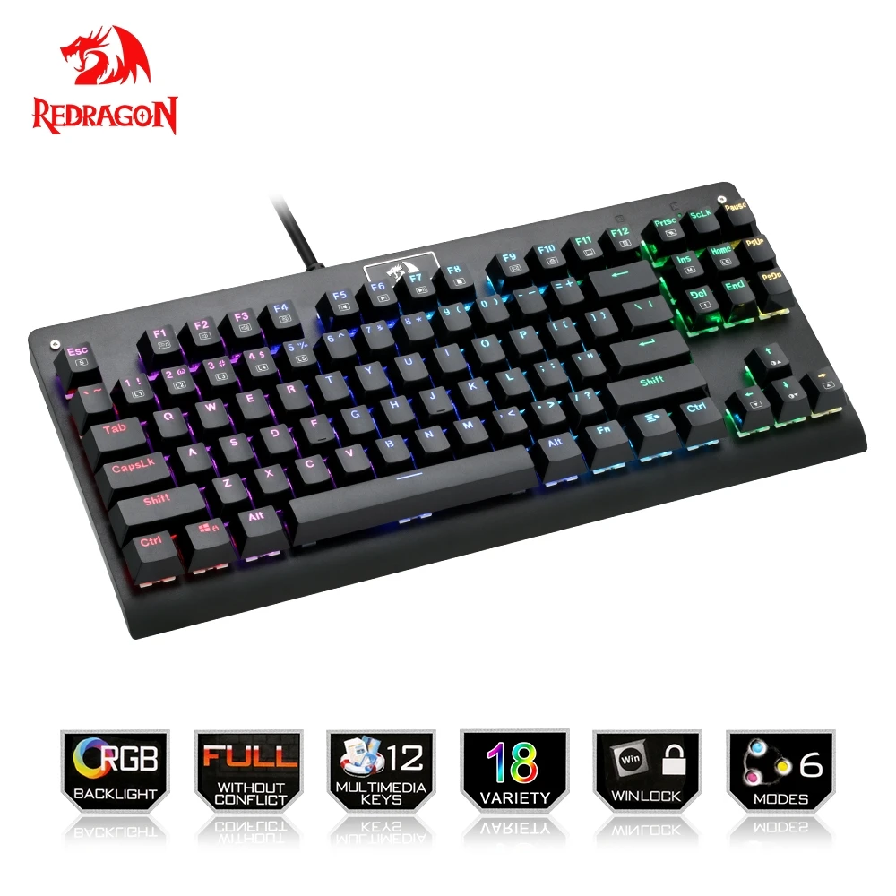 

Redragon USB mechanical gaming keyboard ergonomic RGB color LED backlit keys Full key anti-ghosting 87 wired PC Computer Gamer