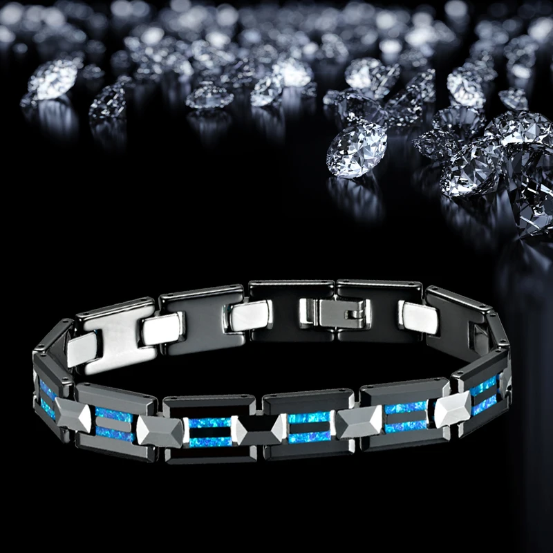Luxury mens Love couple bracelets for women Blue Natural Opal Black Ceramic Silver Color Tungsten Carbide Jewelry  (6)