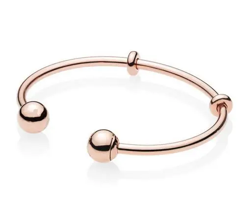 

Original 925 Sterling Silver Moments Pan Rose Gold Open With Signature Caps Bangle Bracelet Fit Bead Charm Fine Diy Jewelry