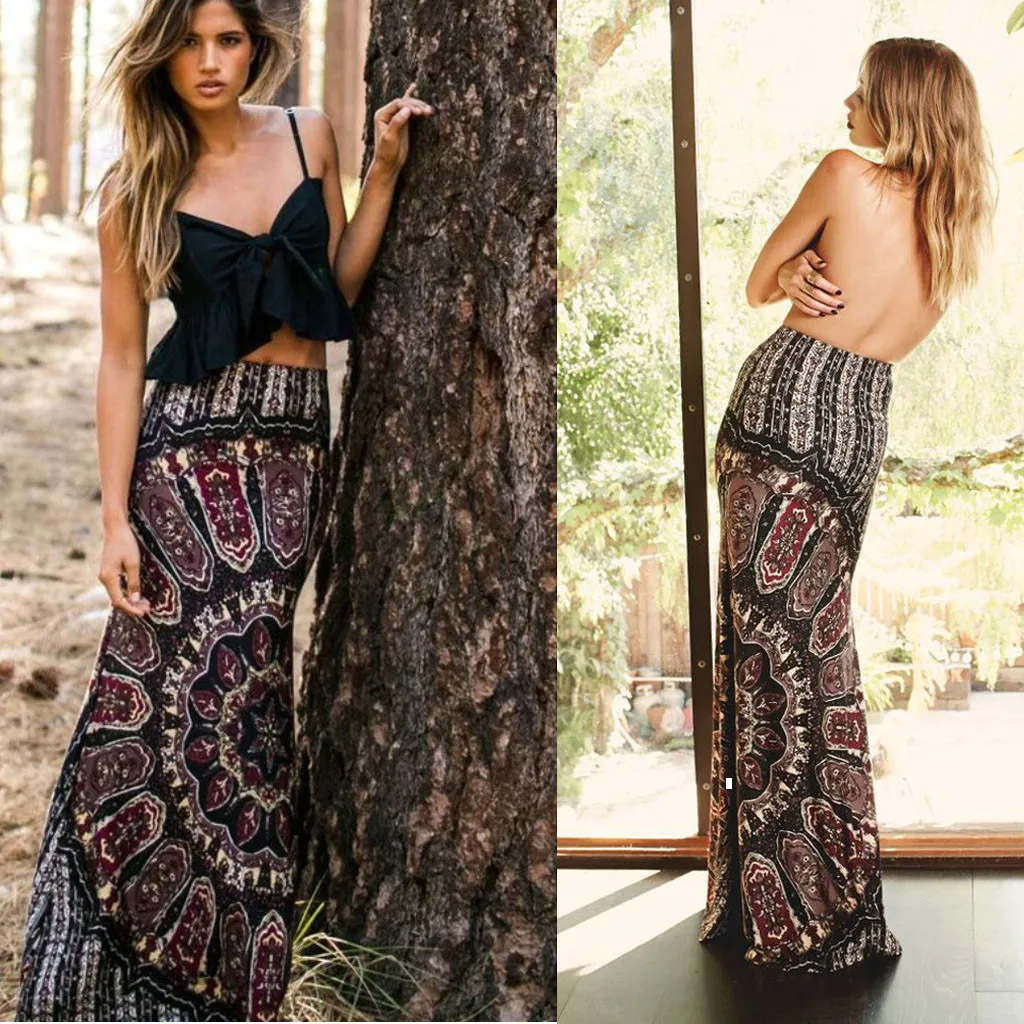 

Women Maxi Summer Long Casual Skirt Slim High Waist Retro Boho Tribal Floral Gypsy Beach Skirt