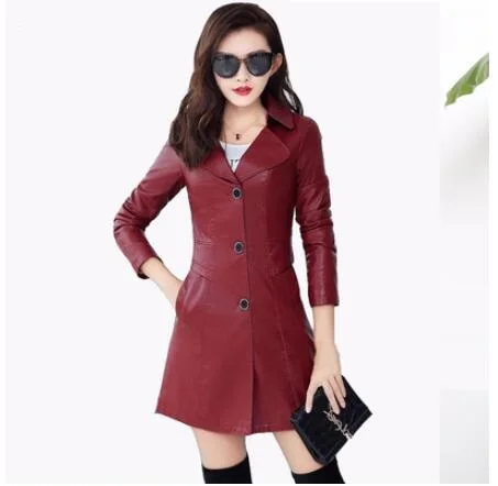 wine red Осенние женские кожаные куртки тонкий плюс размер среднего возраста женские зимние пальто женское кожаное пальто XL-5XL кожаная куртка женская - Цвет: wine red