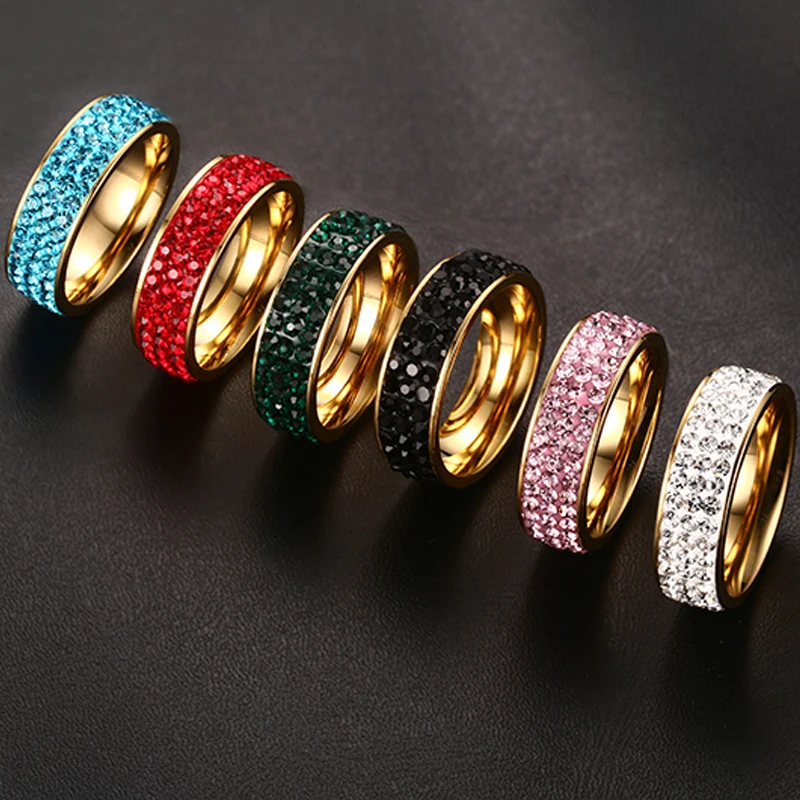 Кольцо женское 3 рядное из нержавеющей стали ширина 8 мм|wedding band ring|band ringcrystal ring |