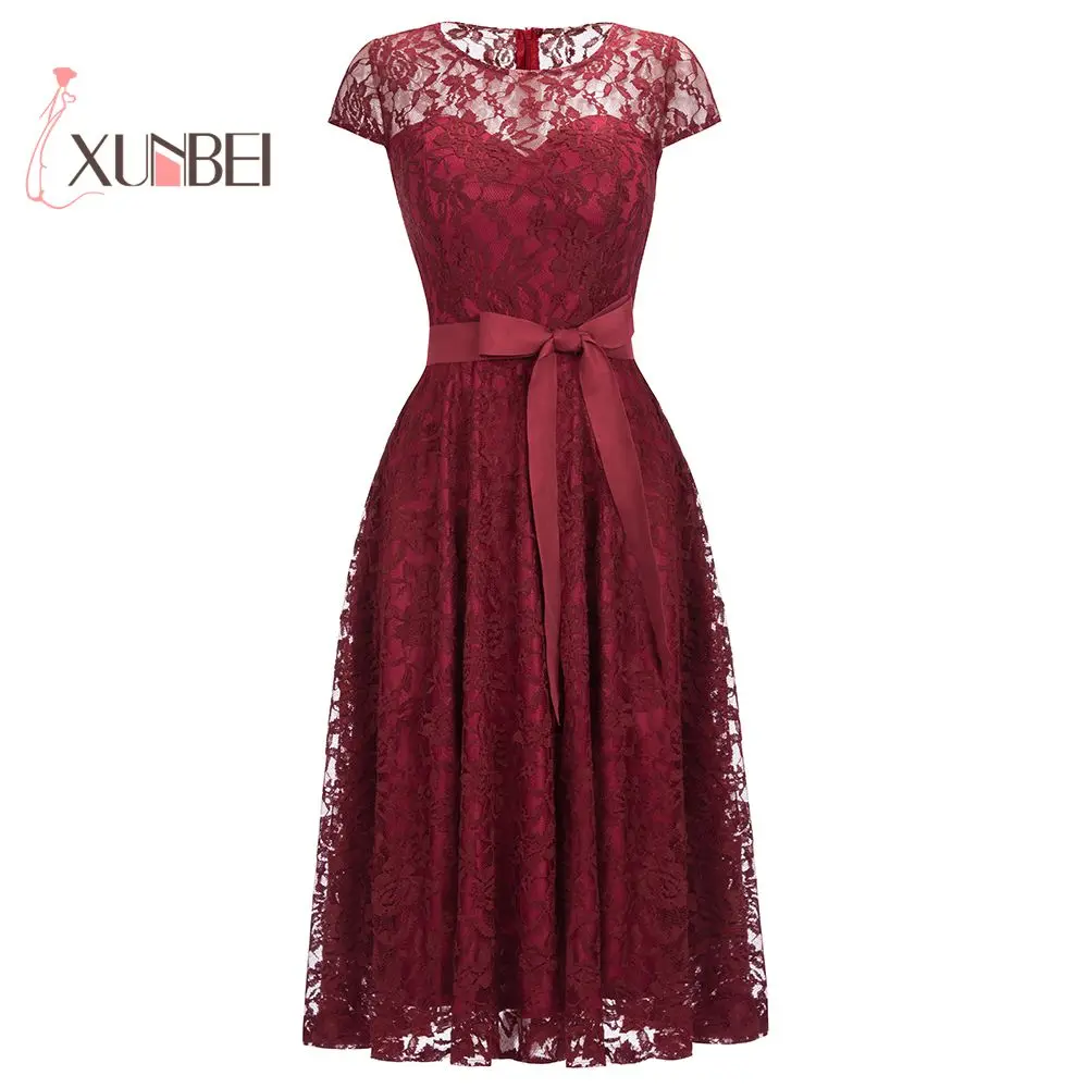 

Vestido de festa Tea - Length Short Sleeves Burgundy Lace Short Evening Dresses 2019 Formal Prom Dresses With Detachable Sash