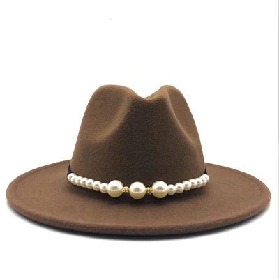 New Felt Hat Women Fedora Hats with Pearls Belt Vintage Trilby Caps Wool Fedora Warm Jazz Hat Chapeau Femme feutre Panaman hat 9