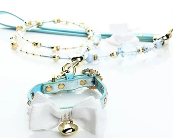 

New style dogs cat fashion bowknot diamond collar leads suit doggy PU leather collars peash puppy supplies pet products 5pcs S-L
