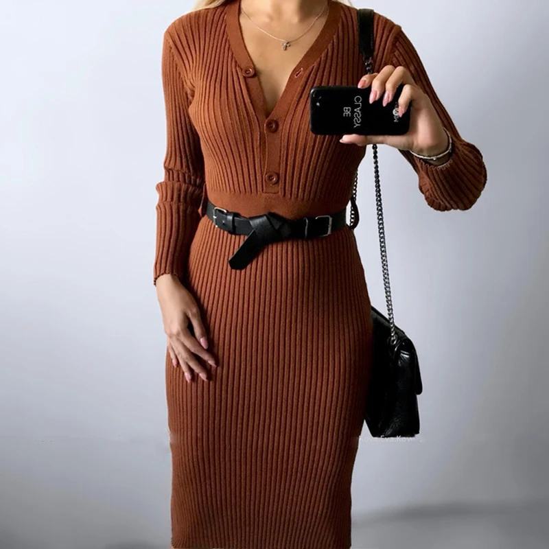 

[Lakysilk]High Quality Sweater Dress For Women V-Neck Sexy Pullovers Knitted Ladies Winter Warm Thick Oversized Long Sweaters