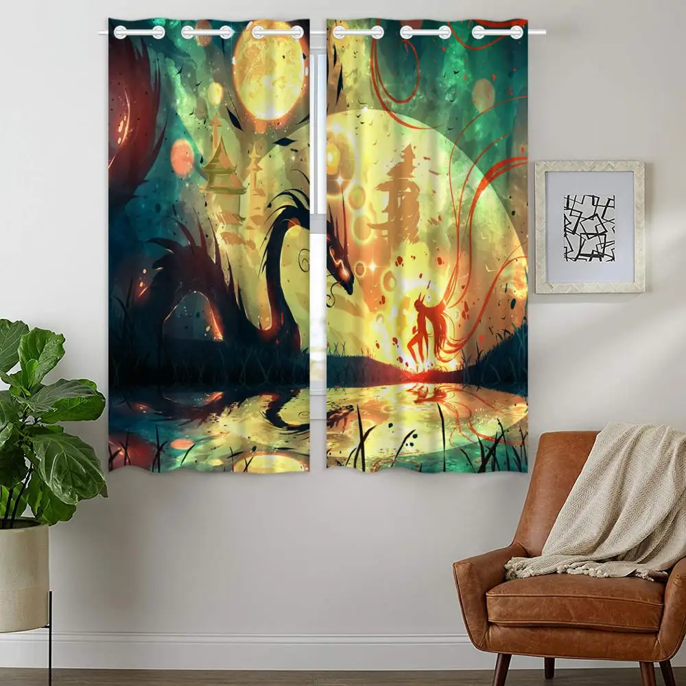 

Blackout Curtains Darkening 2 Panels Grommet Window Curtain for Bedroom Fantasy Dragon Pattern Earth Moon Monster