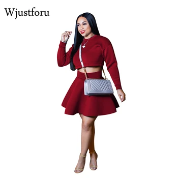 

Wjustforu 2018 Autumn Winter Casual Two Piece Set Space Layer Tops And A-Line Short Mini Dress Pure Color Eelgant Tracksuit Slim