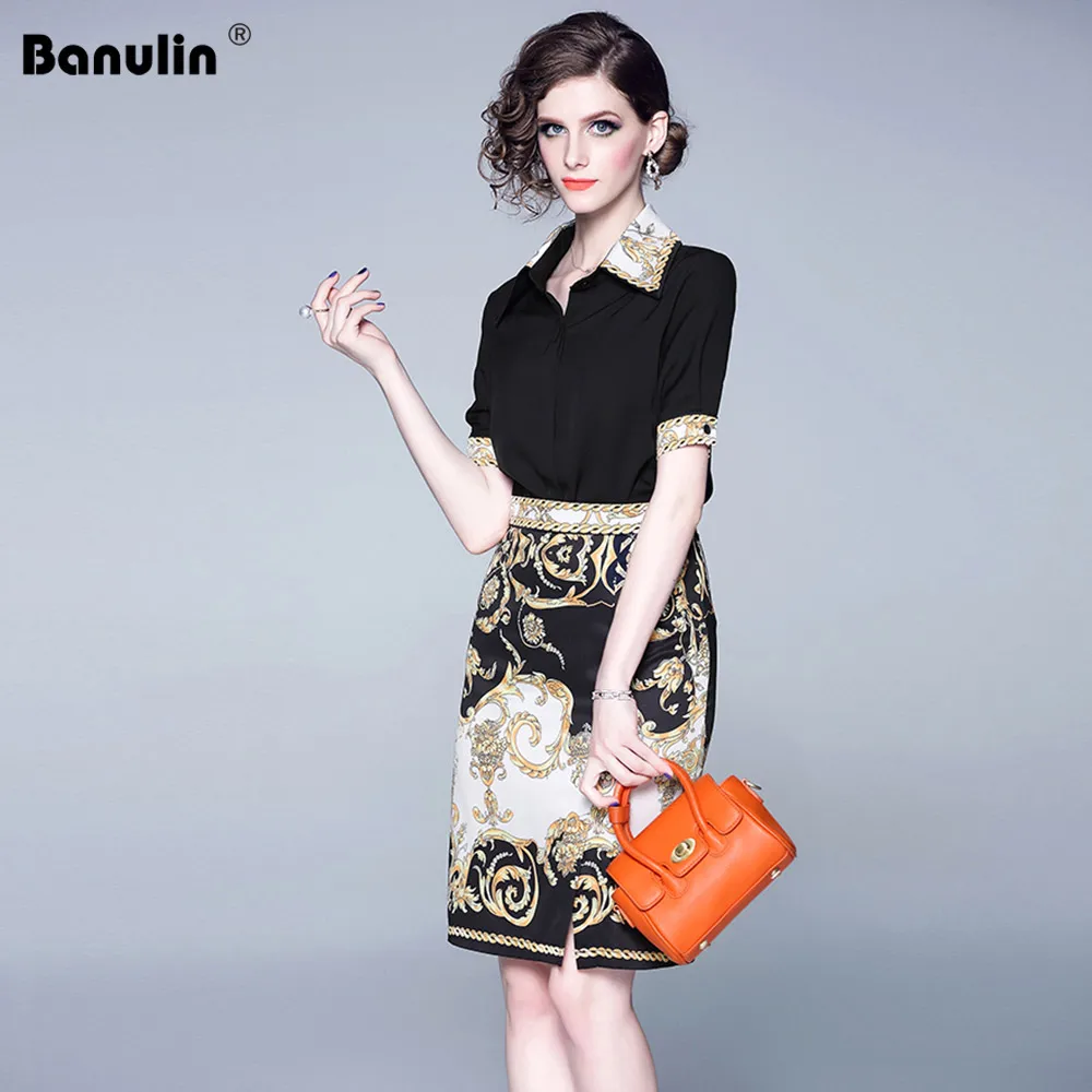 

Banulin Fashion Runway Short Skirt Two Pieces Set Summer Women Elegant OL Black Blouses + Baroque Print Mini Skirts Sets Suit