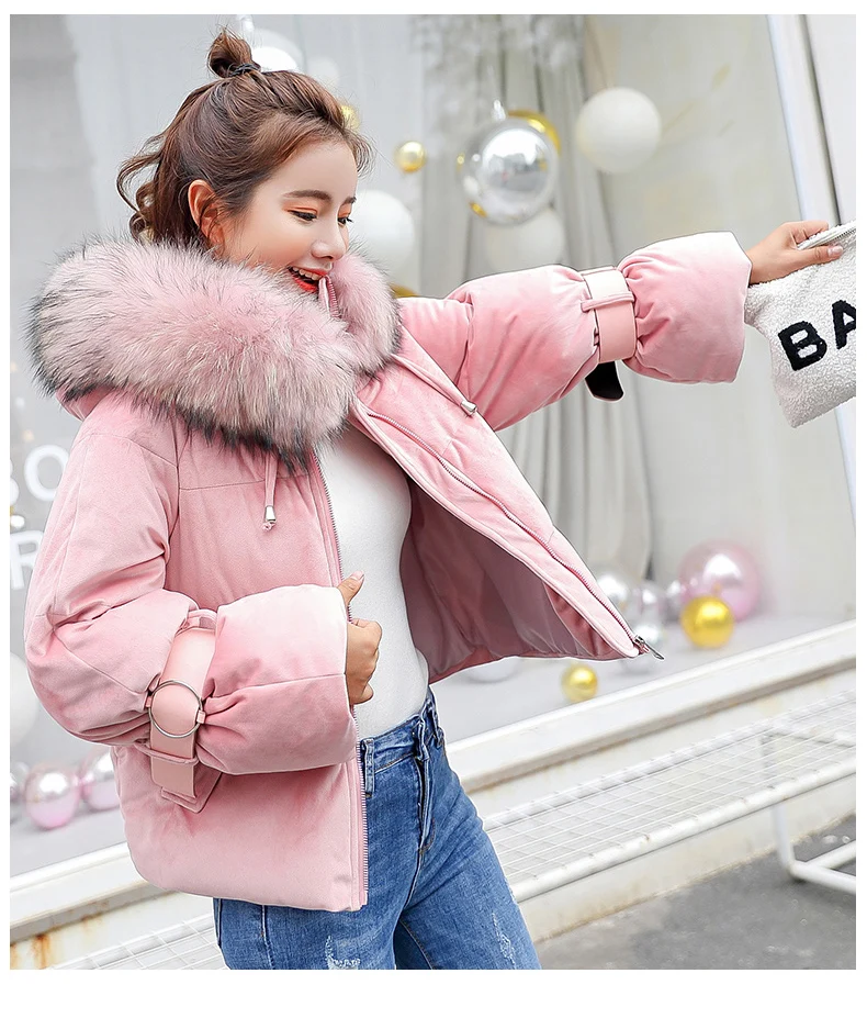 SNOW PINNACLE Autumn Winter short parkas jacket Pink flannel fabric big fur thick warm hooded jacket coat Styled fashion parka