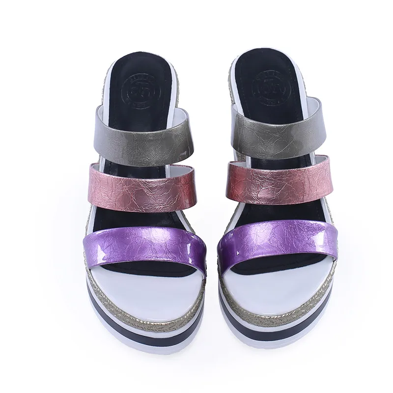 YMECHIC/ г.; модные разноцветные сандалии-гладиаторы из лакированной кожи; женская летняя обувь на танкетке; Свадебная обувь для вечеринки; большие размеры 42