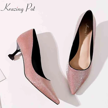 

Krazing Pot Autumn real leather preppy style pointed toe shallow gladiator fashion vintage bling stiletto high heel pumps L05