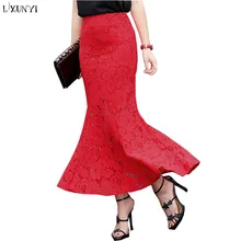 LXUNYI, женские длинные кружевные юбки, новинка, летние, корейские, высокая талия, сексуальные, формальные, облегающие, Русалка, юбка с оборками, элегантная, женская, Черная