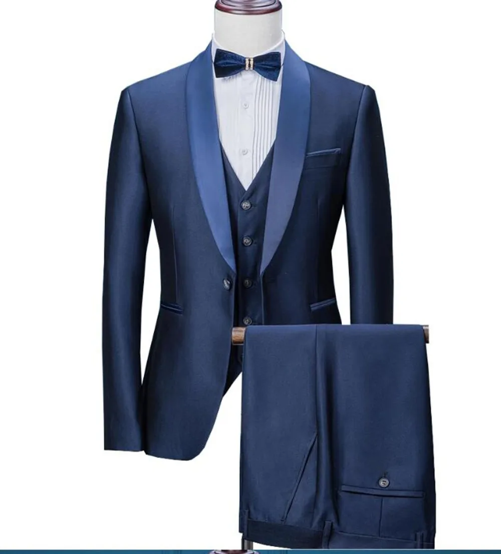 

2019 New Navy Blue Mens Suits 3 Pieces Formal Business Blazer Tuxedos Shawl Lapel For Wedding Groom man ( Jacket+Vest+Pants)