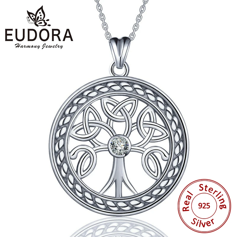 

Eudora 925 Sterling Silver Round Tree of life Pendant Crystal Necklace Irish Celtics Knot Necklace Fine jewelry For Women CYD110