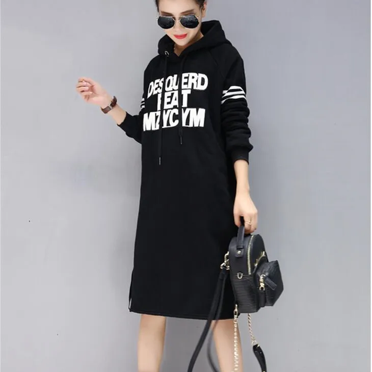 2017 New Korean Thick Plus Size Casual Hooded Women Dress Loose Letter Black Knee length Clothes