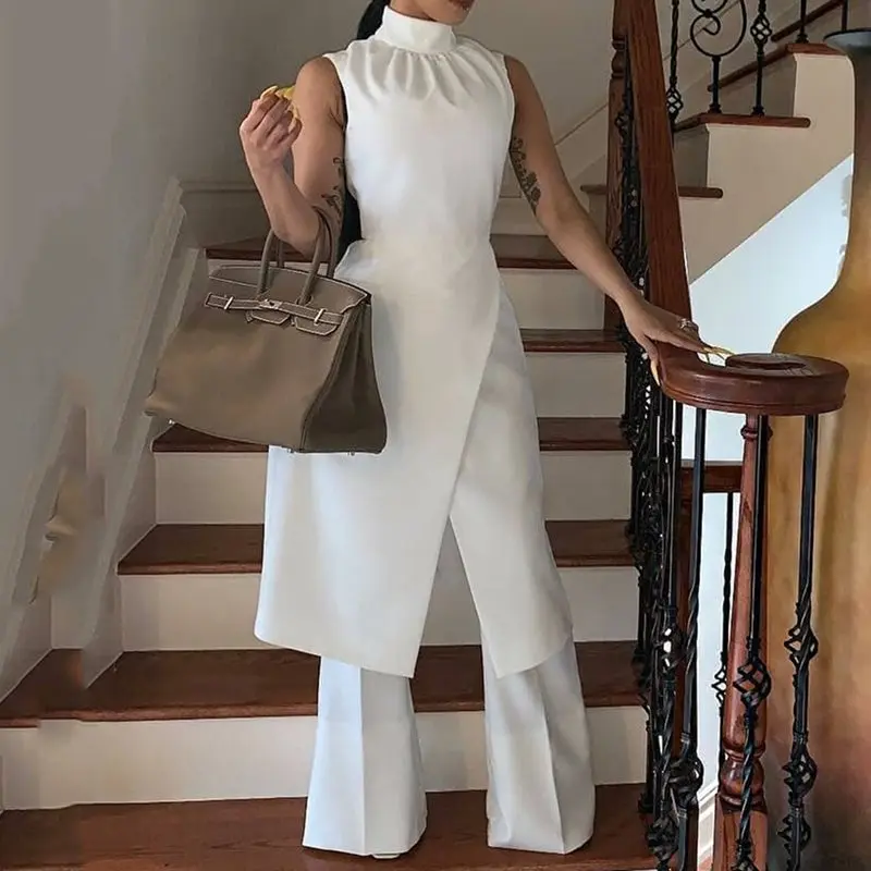 

Summer Sexy Club Casual White Simple Elegant Women Jumpsuits Slim Wide Legs Pants Plain African Female Fashion Street Rompers