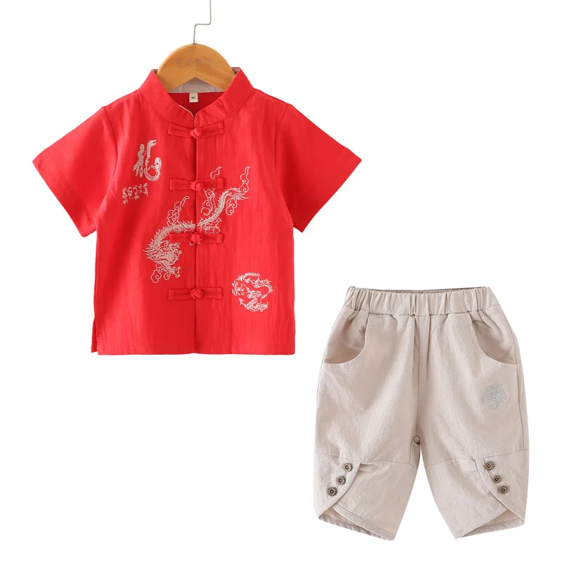 Retro Embroidery Tang Suit Boys Traditional Chinese Clothing T-Shirt+Shorts Cotton&Linen Children Clothes Set 2-10T Kids SL1037 - Цвет: As picture