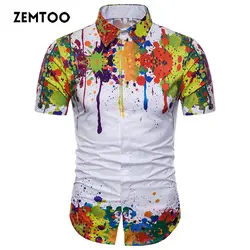 Zemtoo Для мужчин рубашка короткий рукав 3D Отпечатано Красочные Всплеск чернила Летняя Повседневная рубашка для Для мужчин Slim Fit Новое