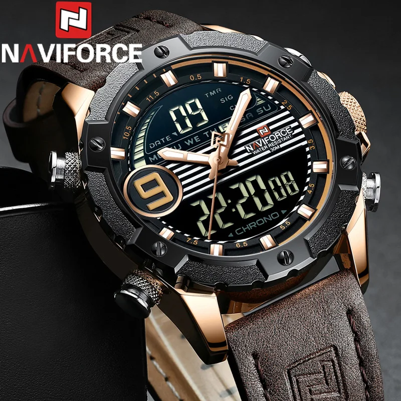 

NAVIFORCE Digital Watch Men Top Brand Luxury Sport Man Wristwatch Military Genuine Leather Male Clock Relogio Masculino 9146