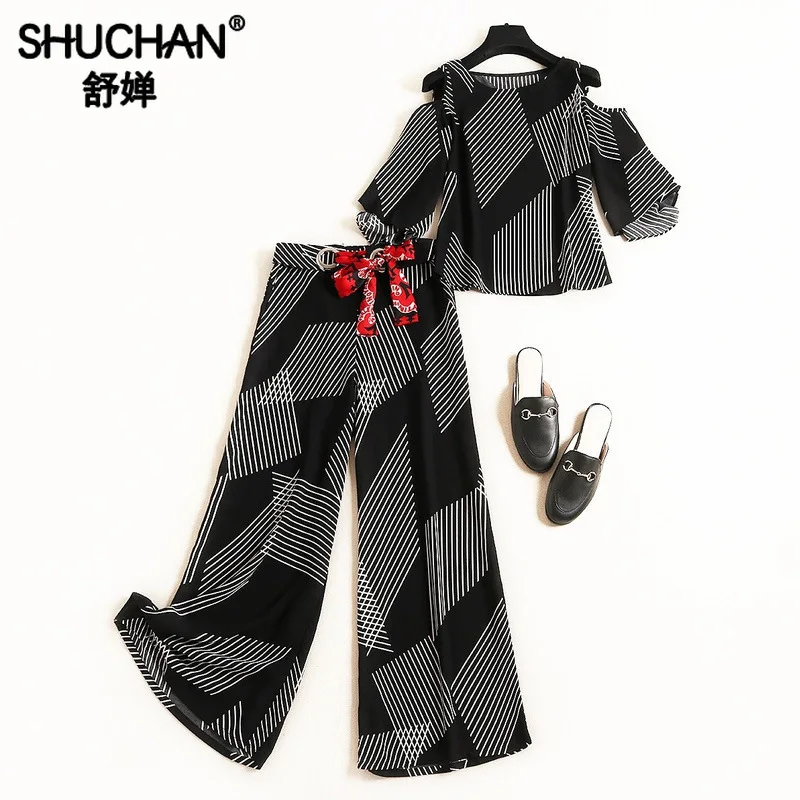 

Shuchan Office Lady Women 2 Piece Set Hollow Out O-Neck Top+ Elastic Waist Calf-Length Pants Geometric Womens Clothing Suit12059