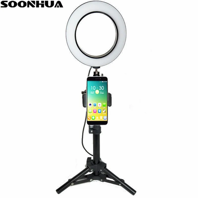 

SOONHUA Photography 3 Colors Dimmable LED Selfie Ring Light Video Live Photo Studio Light With Phone Holder USB Plug Mini Tripod