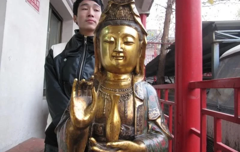 

Folk Fane Old Bronze cloisonne Gild South China Sea Kwan-Yin Bodhisattva Buddha