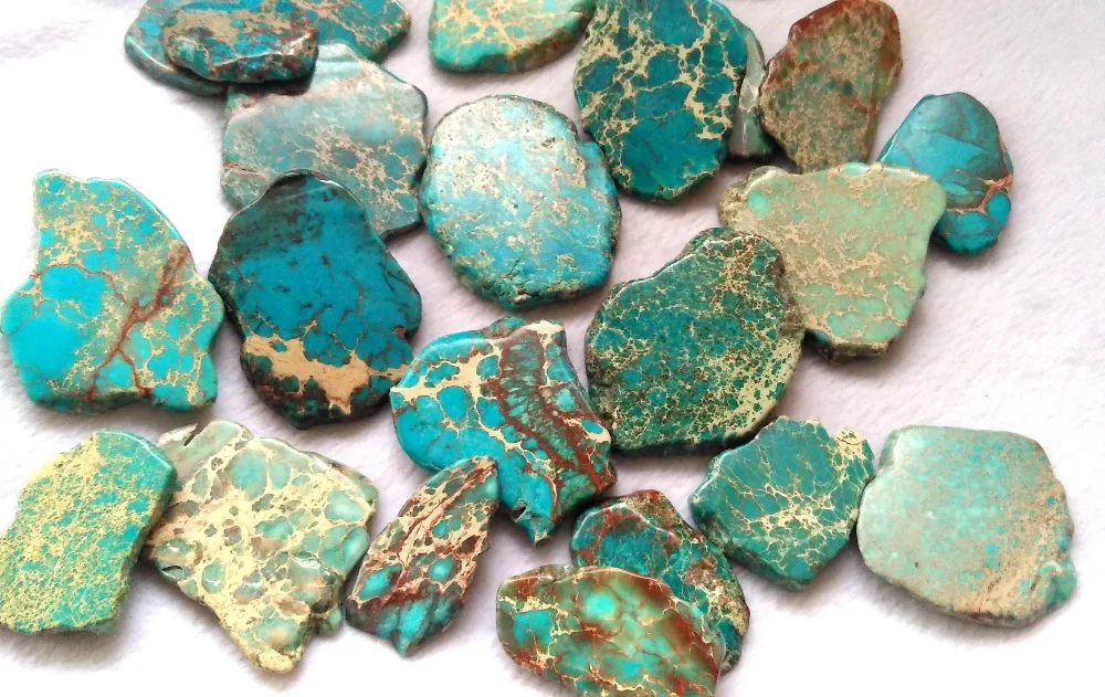 

10pcs Imperial Jasper Slab Stone 30-60mm(2") Green Blue Phone Sockets Pop Grips Free Form Slab Beads -- Drilled