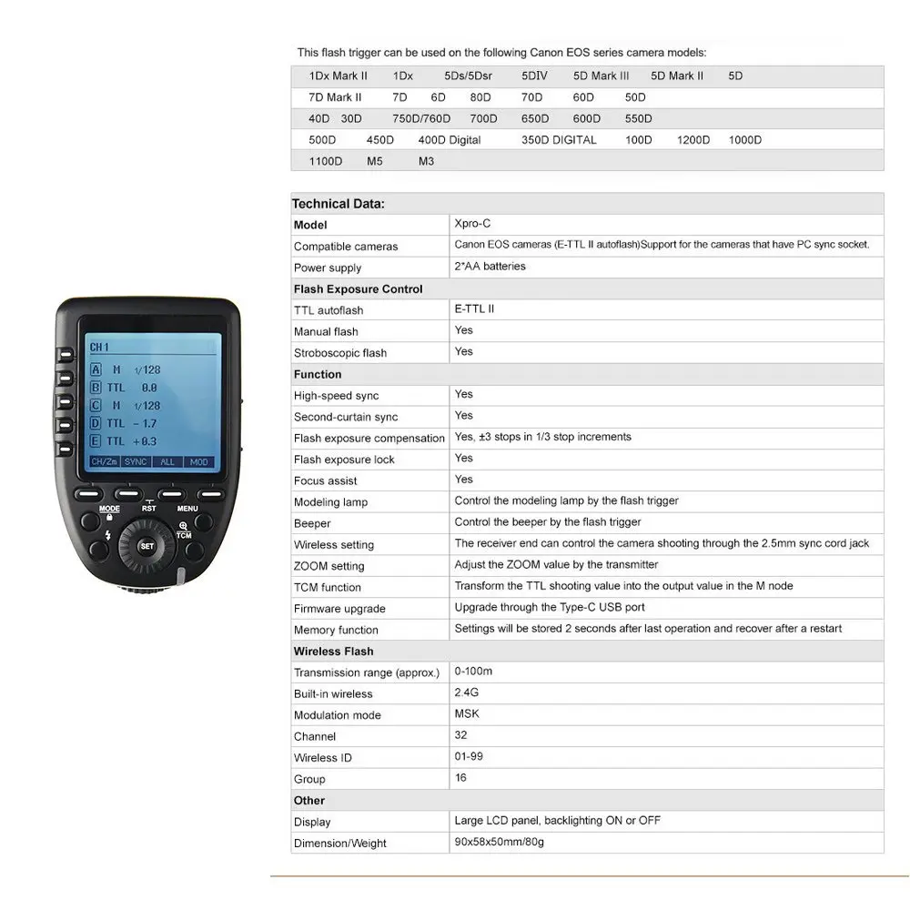 Godox новейшая xpro-c E-TTL 2,4G Беспроводная Высокоскоростная синхронизация 1/8000 s X система HSS вспышка триггер для камер Canon EOS